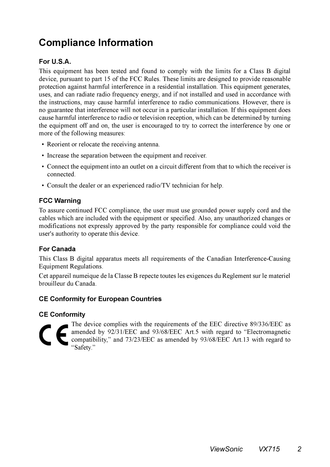 ViewSonic VX715 manual Compliance Information 