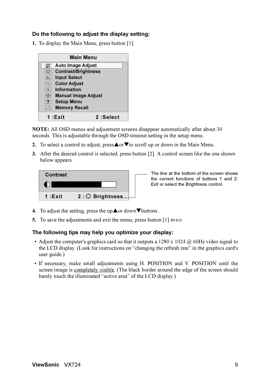 ViewSonic vx724 manual Do the following to adjust the display setting, Following tips may help you optimize your display 