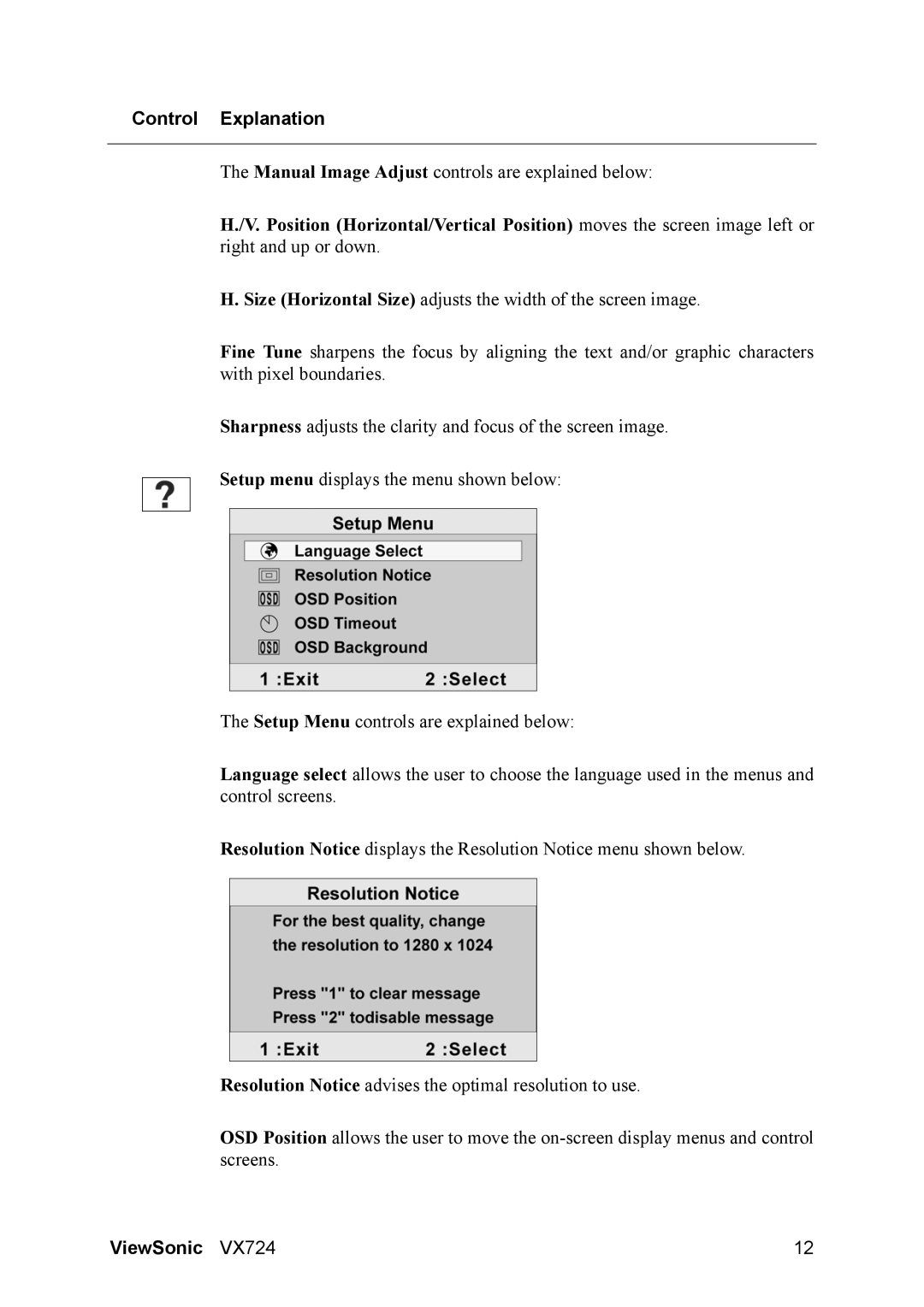 ViewSonic vx724 manual Manual Image Adjust controls are explained below 