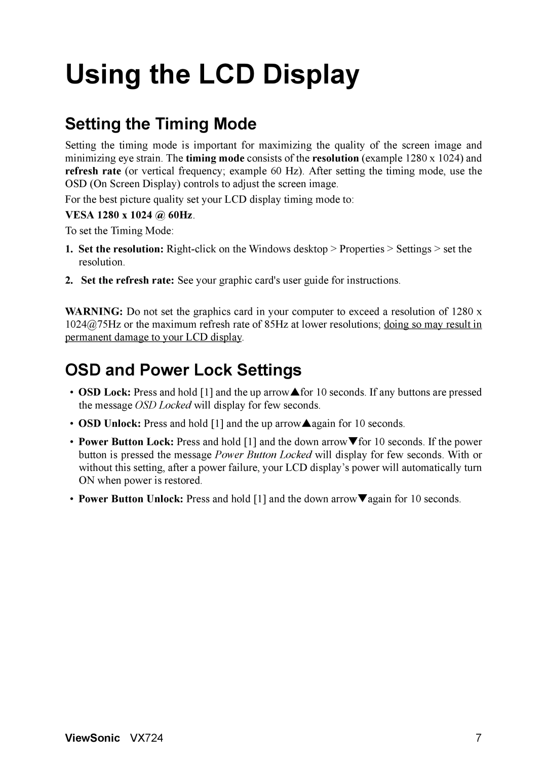 ViewSonic vx724 manual Using the LCD Display, Setting the Timing Mode, OSD and Power Lock Settings 