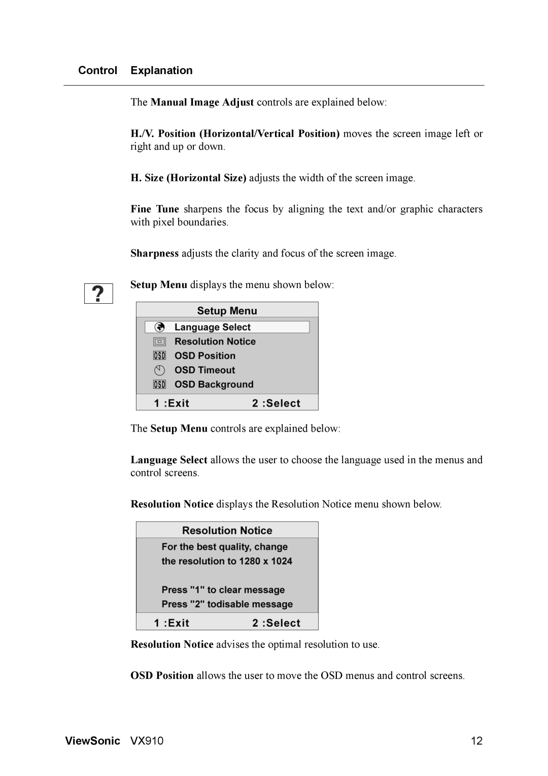 ViewSonic VX910 manual Manual Image Adjust controls are explained below 