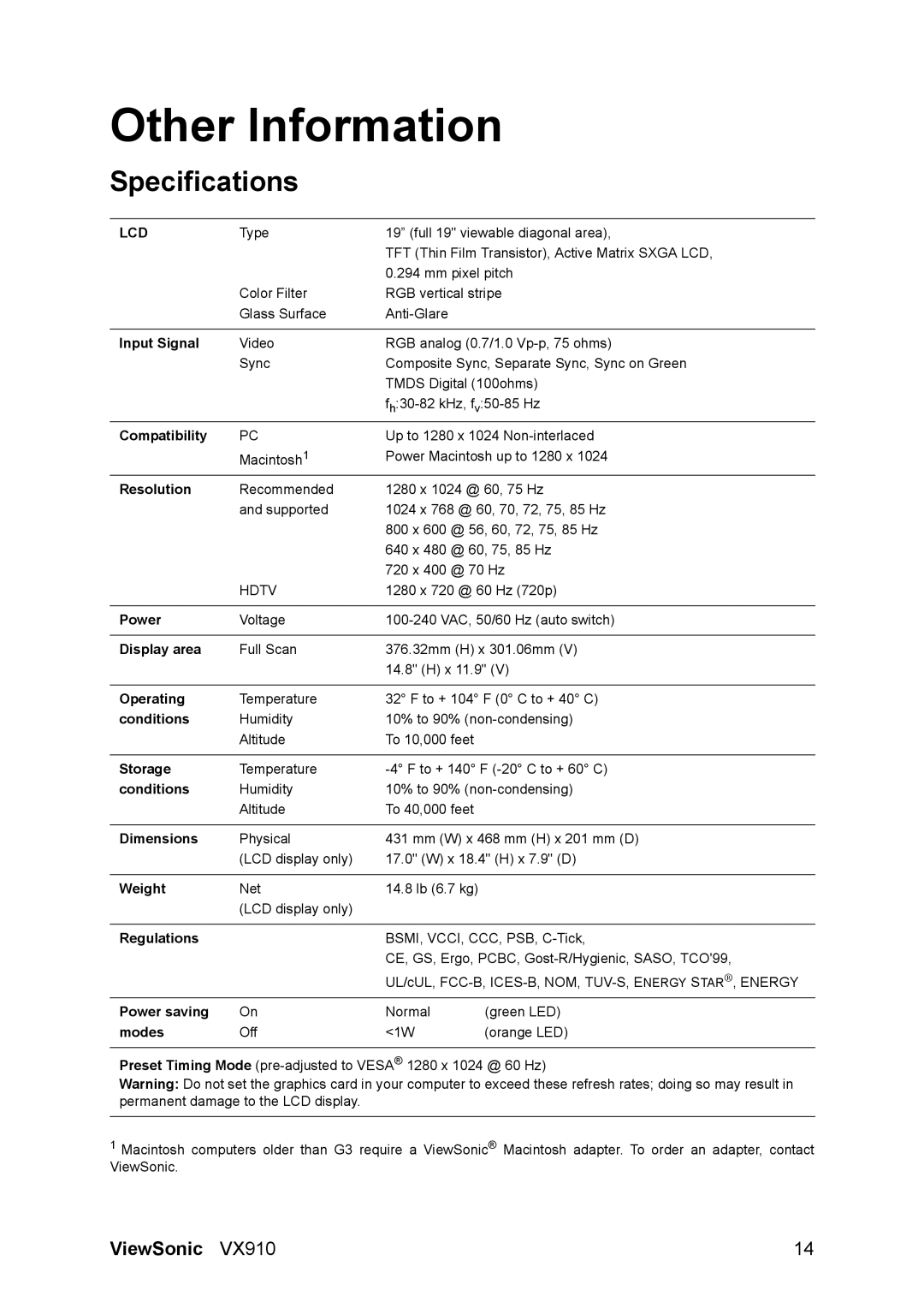 ViewSonic VX910 manual Other Information, Specifications 