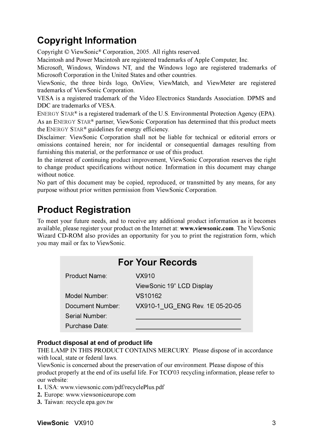 ViewSonic VX910 Copyright Information, Product Registration For Your Records, Product disposal at end of product life 