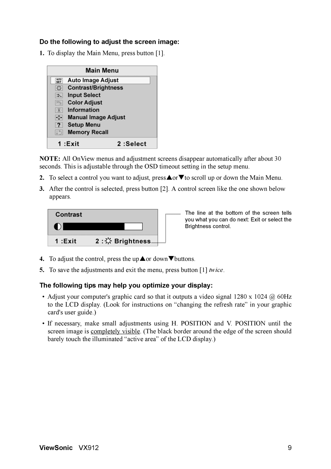 ViewSonic VX912 manual Do the following to adjust the screen image, Following tips may help you optimize your display 