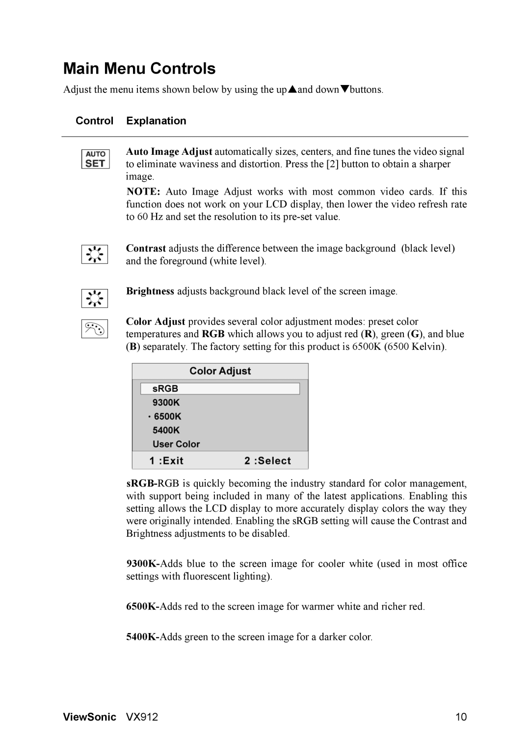 ViewSonic VX912 manual Main Menu Controls, Control Explanation 