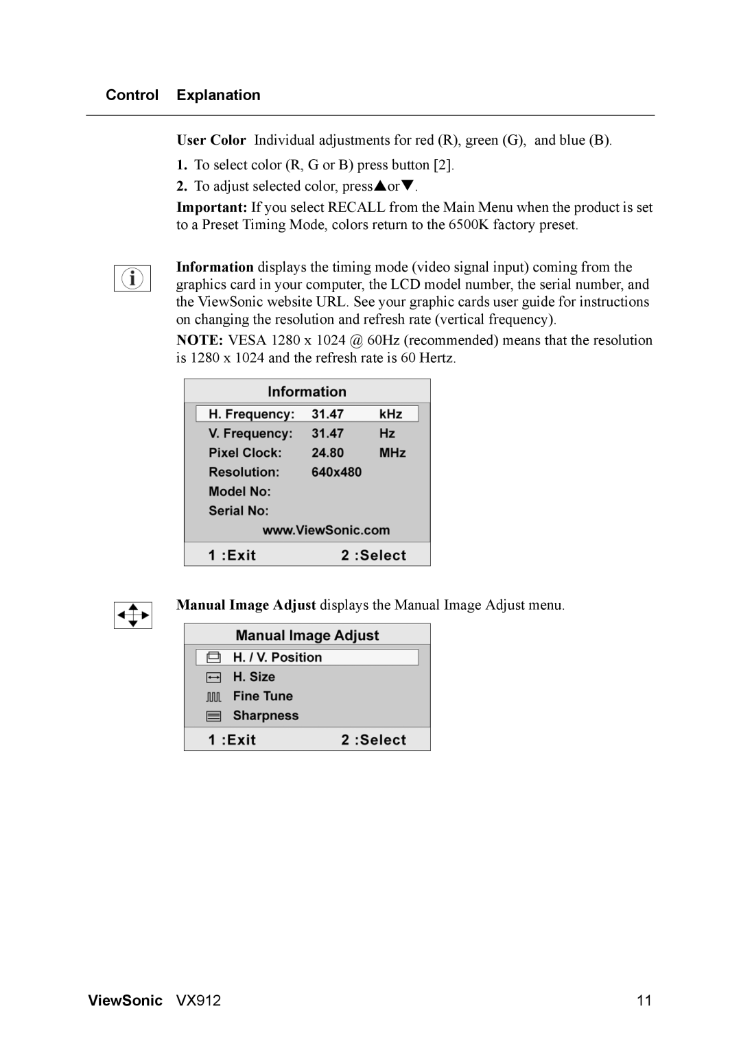 ViewSonic VX912 manual Control Explanation 