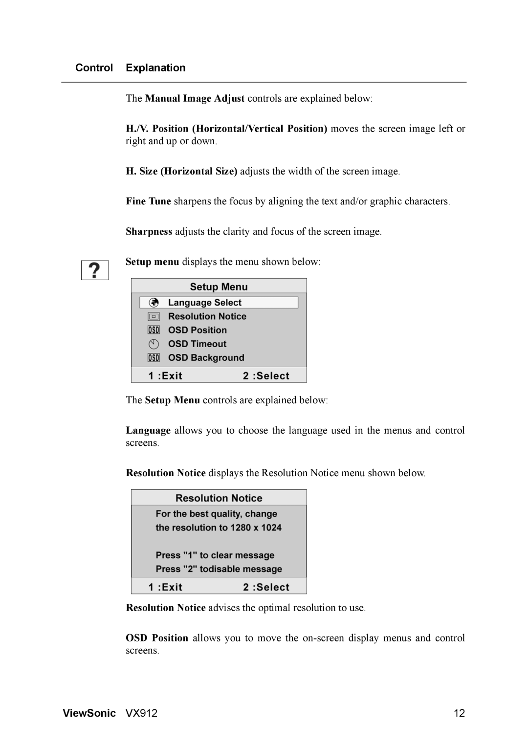 ViewSonic VX912 manual Manual Image Adjust controls are explained below 