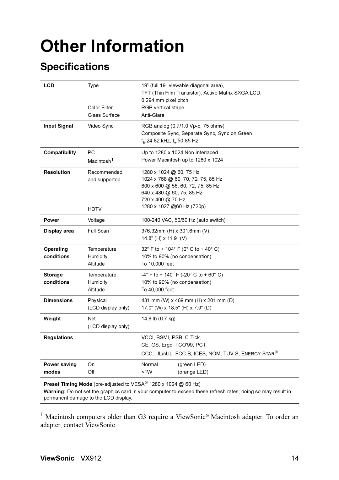 ViewSonic VX912 manual Other Information, Specifications 