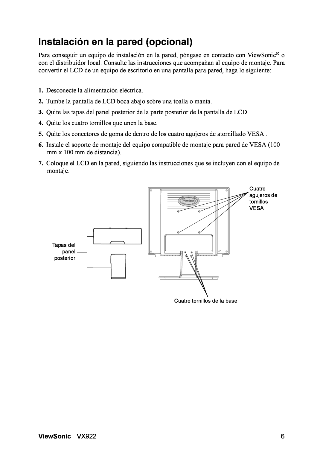 ViewSonic VX922 manual Instalación en la pared opcional, ViewSonic 