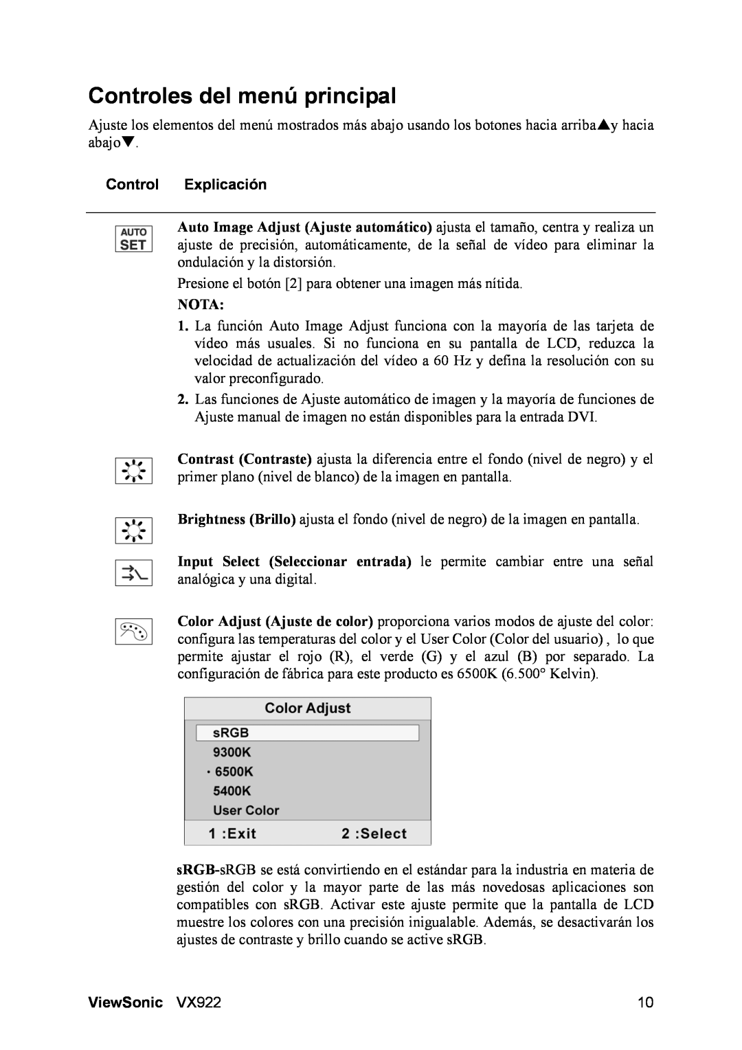 ViewSonic VX922 manual Controles del menú principal, Control Explicación, ViewSonic 