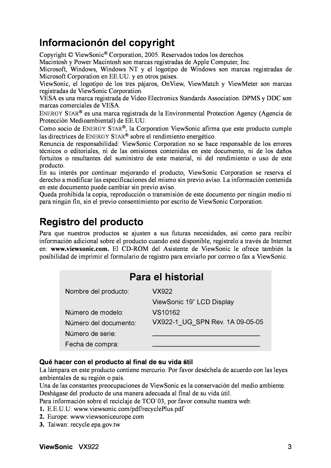 ViewSonic VX922 manual Informacionón del copyright, Registro del producto, Para el historial, ViewSonic 