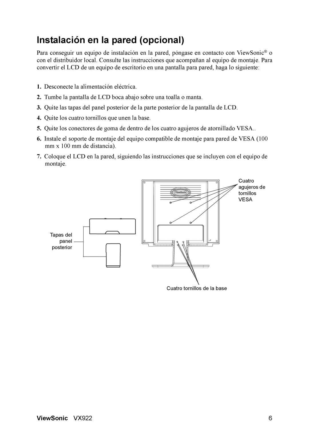 ViewSonic VX922 manual Instalación en la pared opcional 