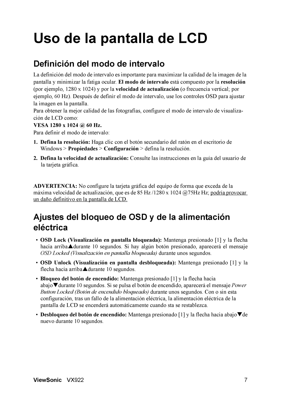 ViewSonic VX922 manual Uso de la pantalla de LCD, Definición del modo de intervalo 