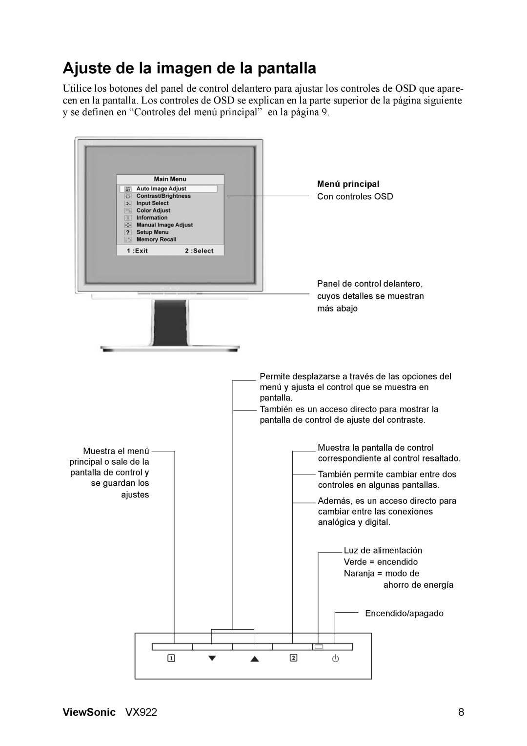 ViewSonic VX922 manual Ajuste de la imagen de la pantalla, Menú principal 