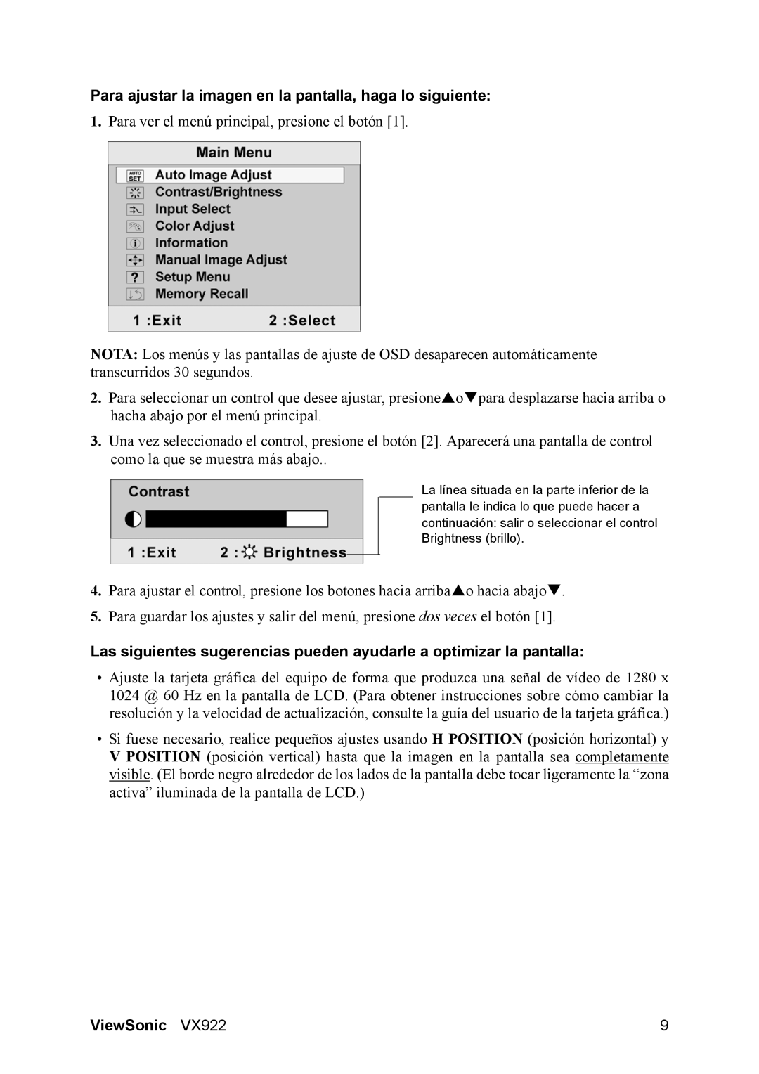 ViewSonic VX922 manual Para ajustar la imagen en la pantalla, haga lo siguiente 