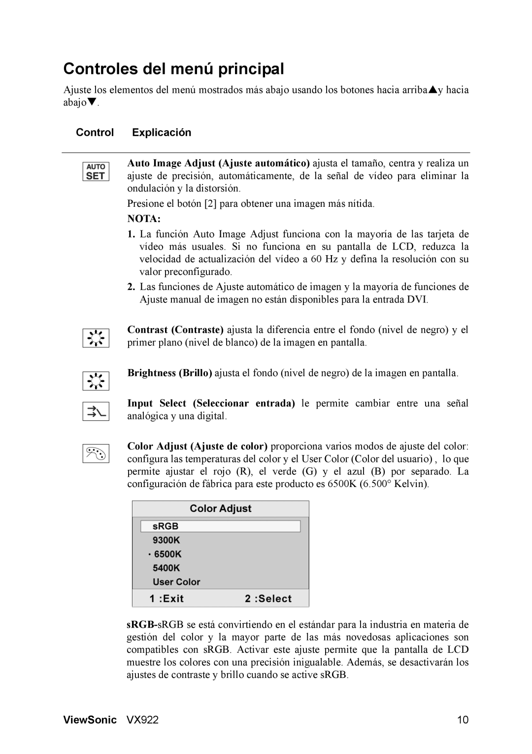 ViewSonic VX922 manual Controles del menú principal, Control Explicación 