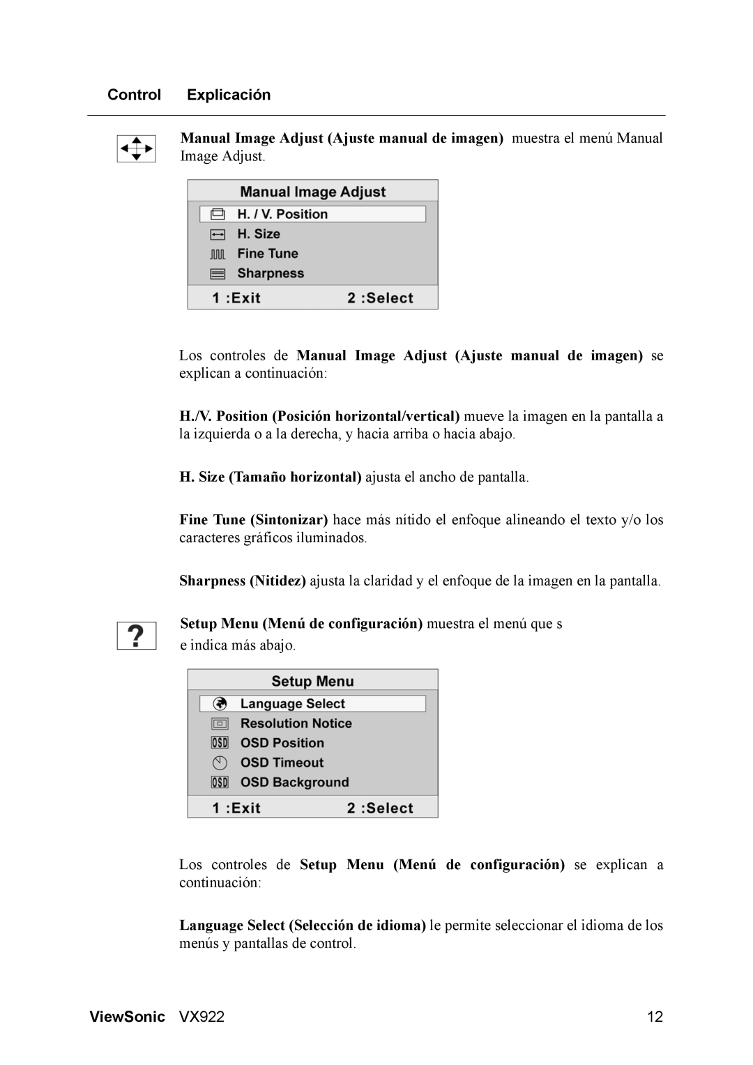 ViewSonic VX922 manual Control Explicación 