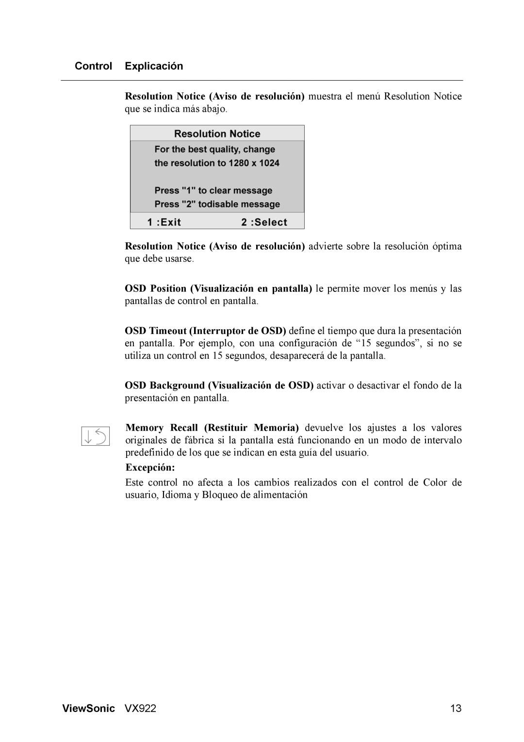 ViewSonic VX922 manual Excepción 