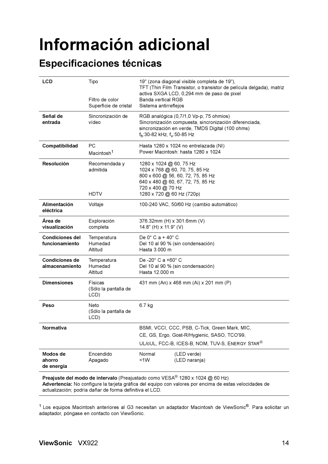 ViewSonic VX922 manual Información adicional, Especificaciones técnicas 