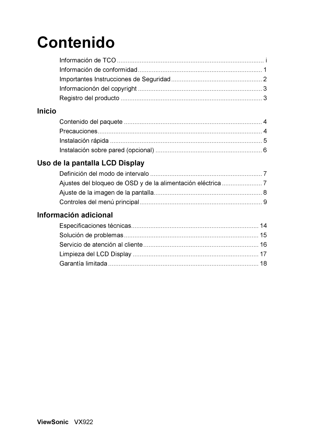 ViewSonic VX922 manual Contenido, ViewSonic 