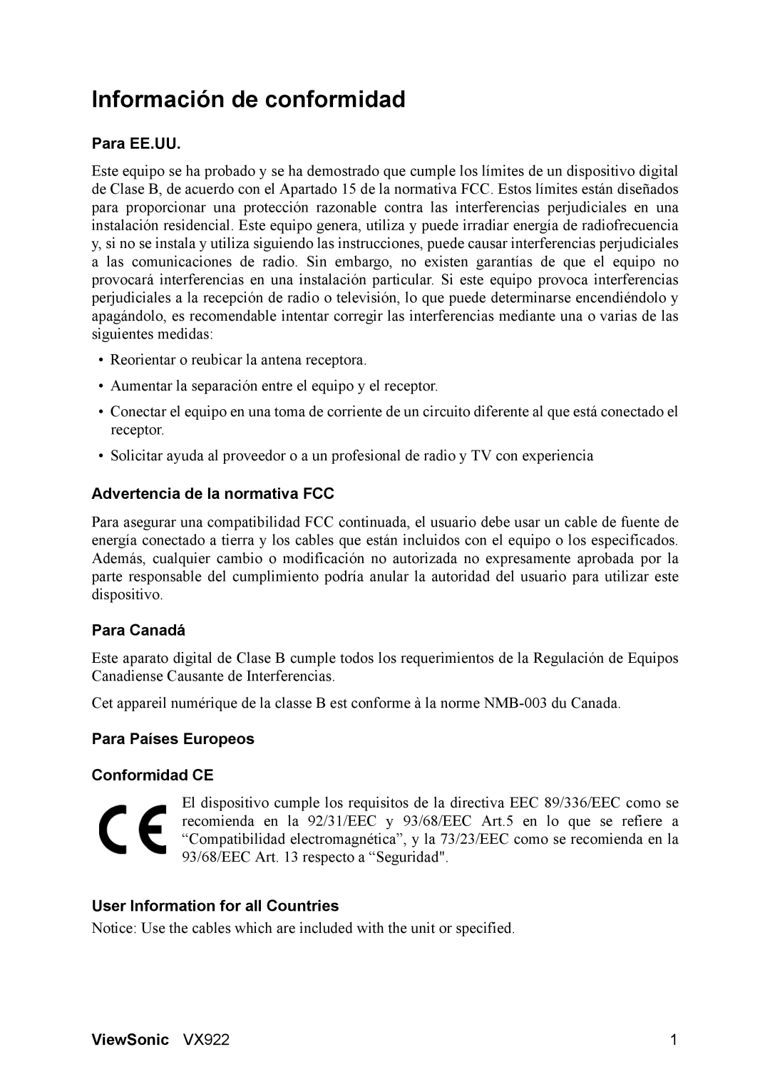 ViewSonic VX922 manual Información de conformidad 