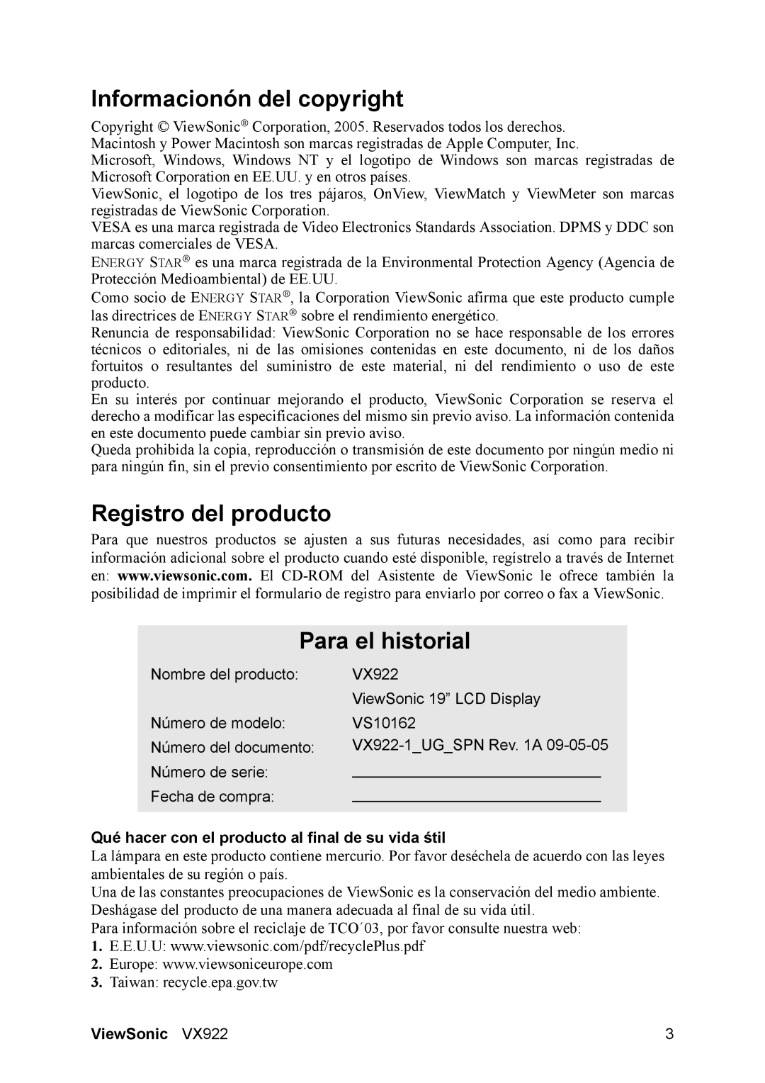 ViewSonic VX922 manual Informacionón del copyright, Registro del producto Para el historial 