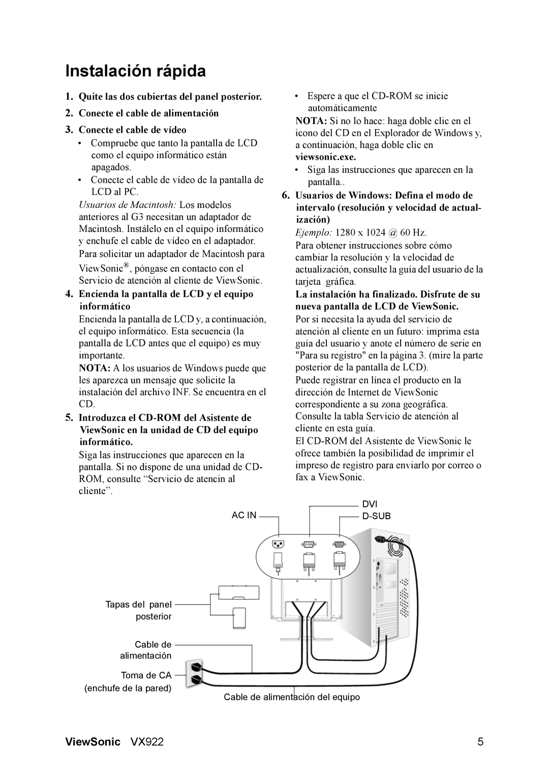 ViewSonic VX922 manual Instalación rápida, Encienda la pantalla de LCD y el equipo informático 