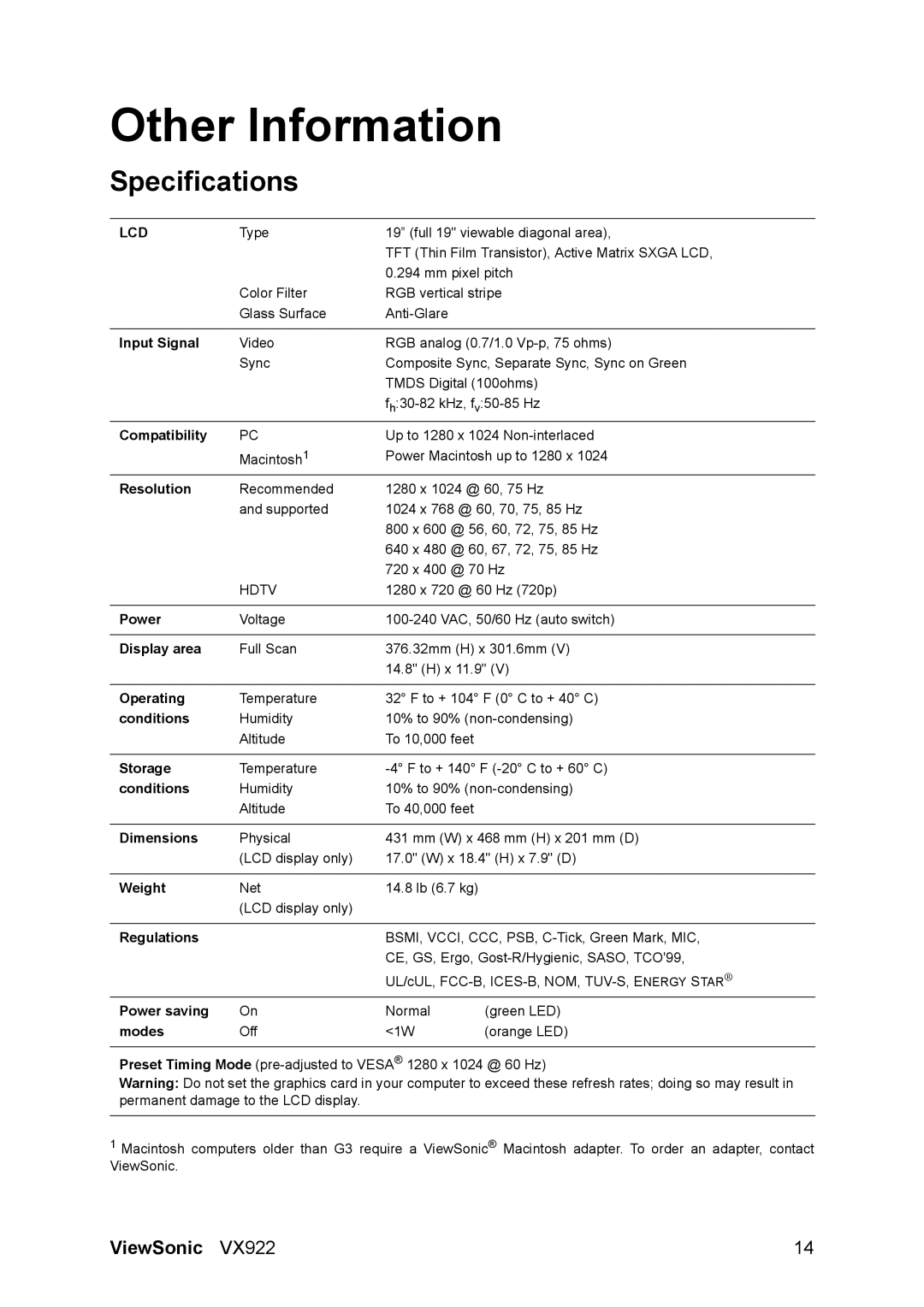 ViewSonic VX922 manual Other Information, Specifications 