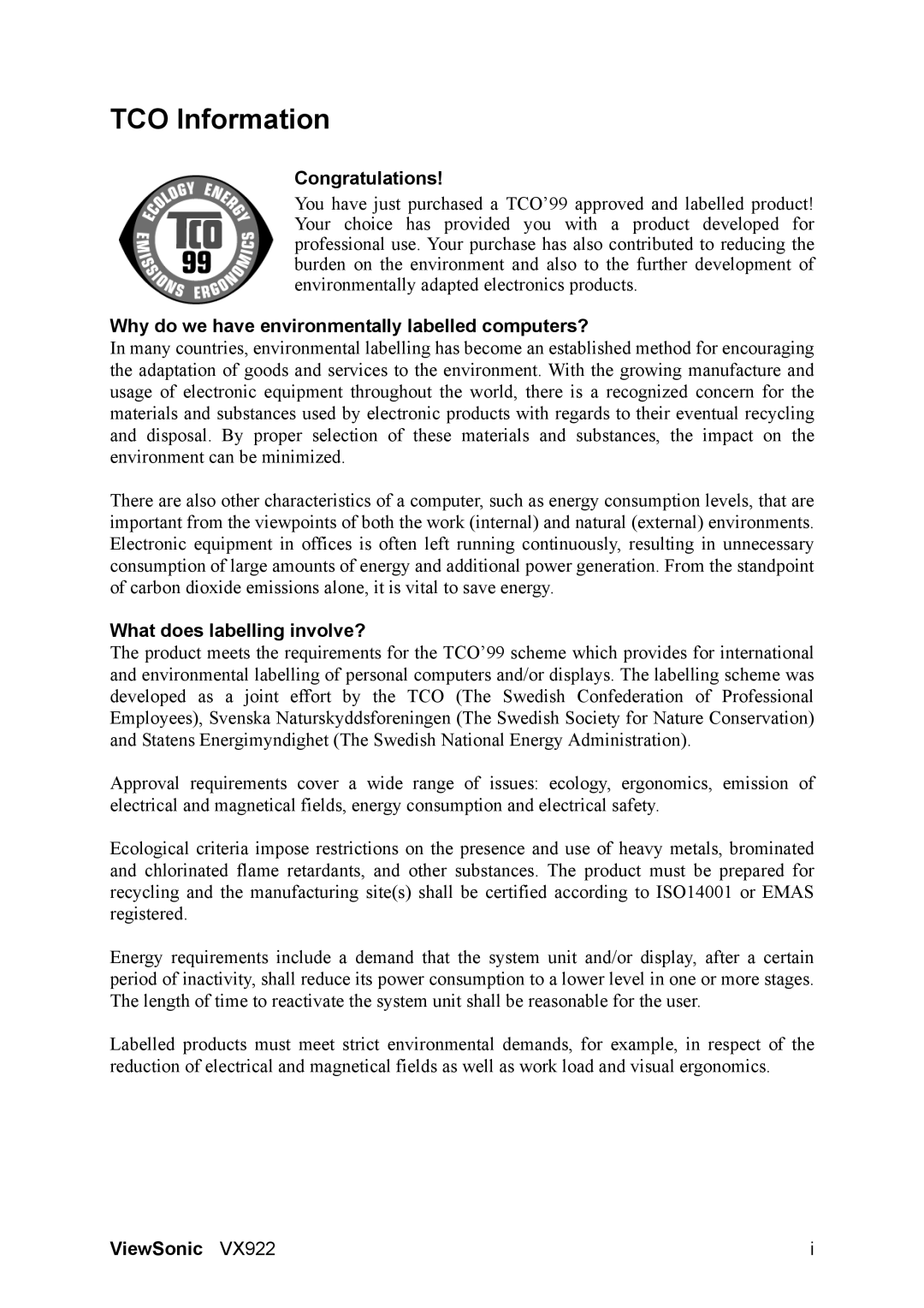 ViewSonic VX922 manual TCO Information, Congratulations, Why do we have environmentally labelled computers? 