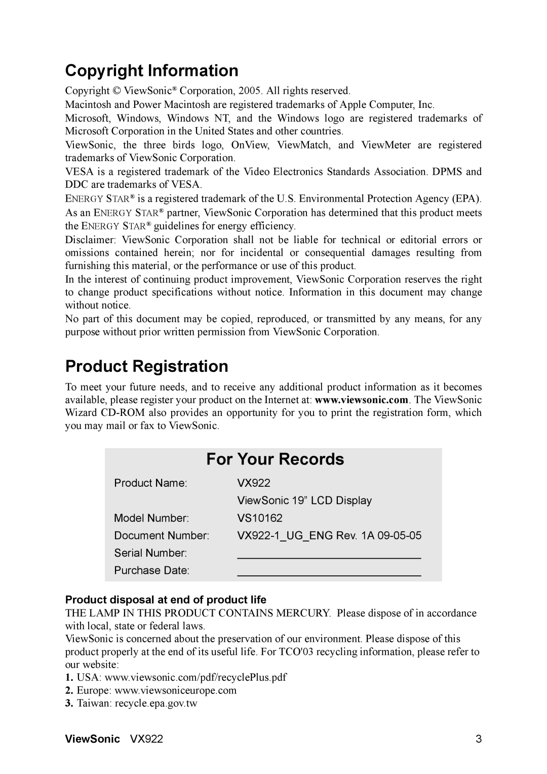 ViewSonic VX922 Copyright Information, Product Registration For Your Records, Product disposal at end of product life 