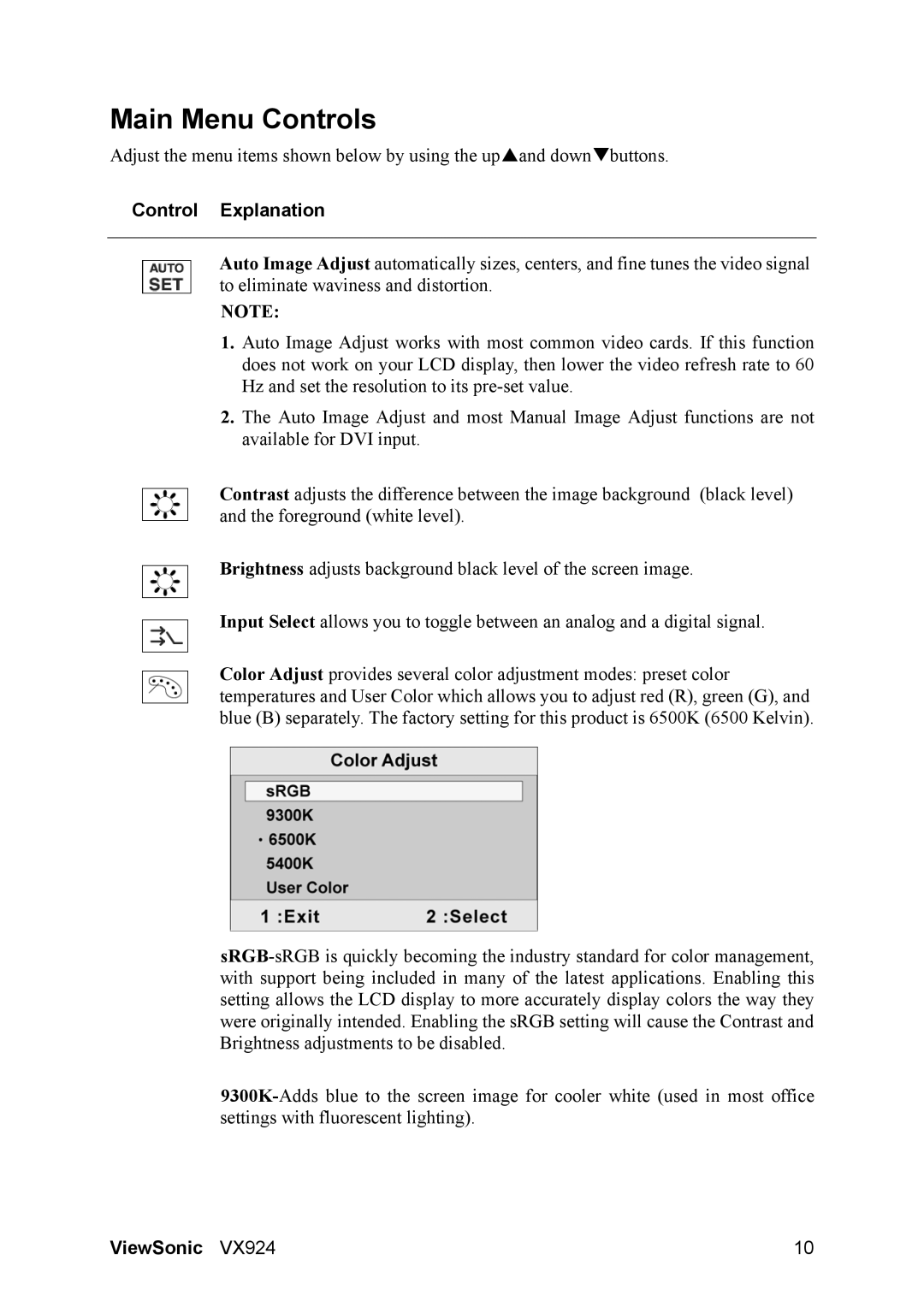 ViewSonic VX924 manual Main Menu Controls, Control Explanation 