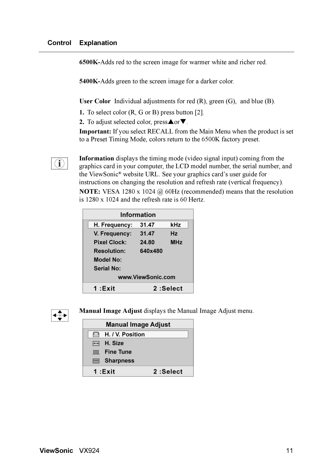 ViewSonic VX924 manual Control Explanation 