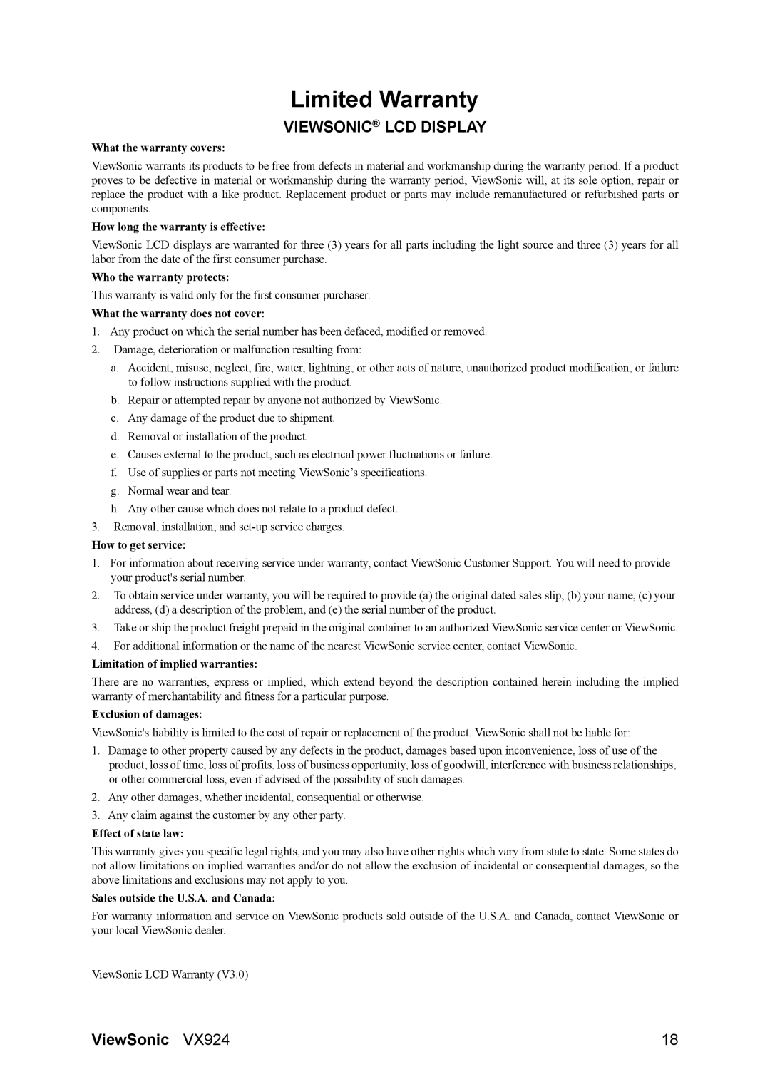 ViewSonic VX924 manual Limited Warranty, Viewsonic LCD Display 