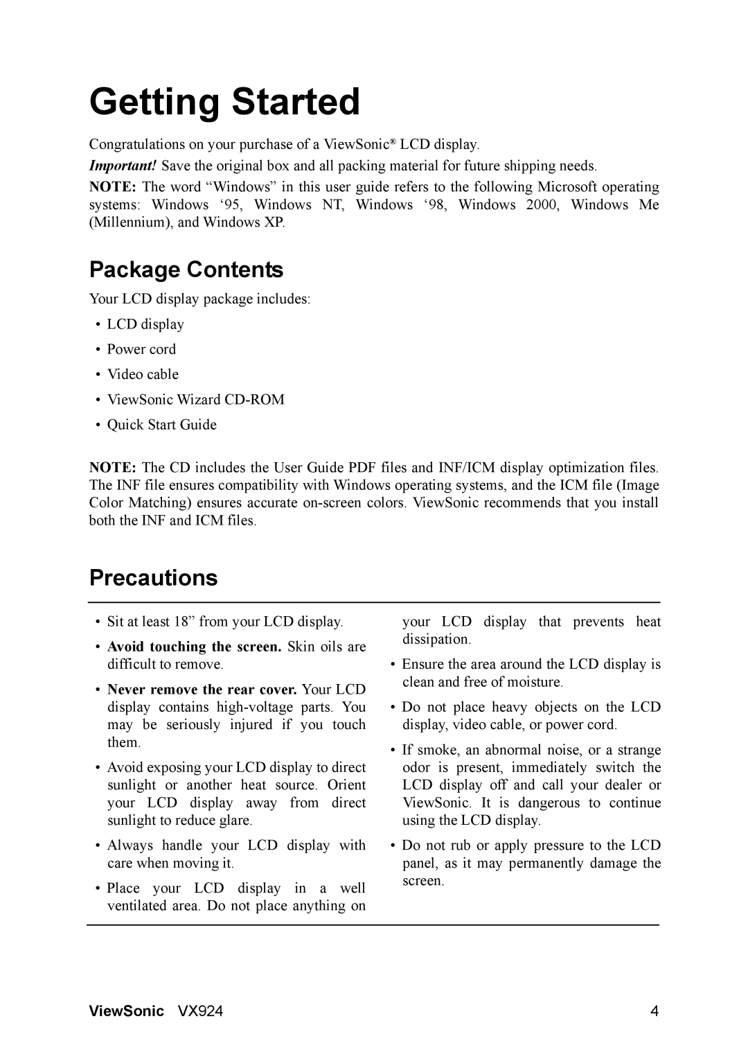 ViewSonic VX924 manual Getting Started, Package Contents, Precautions 