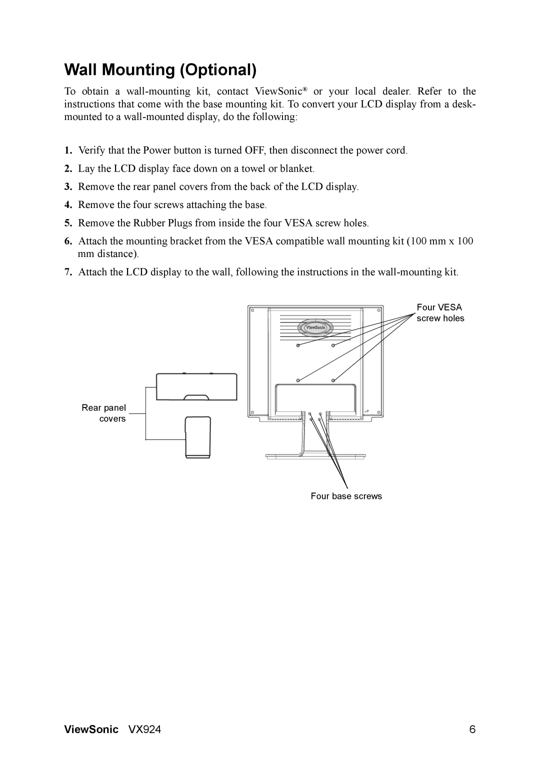 ViewSonic VX924 manual Wall Mounting Optional 