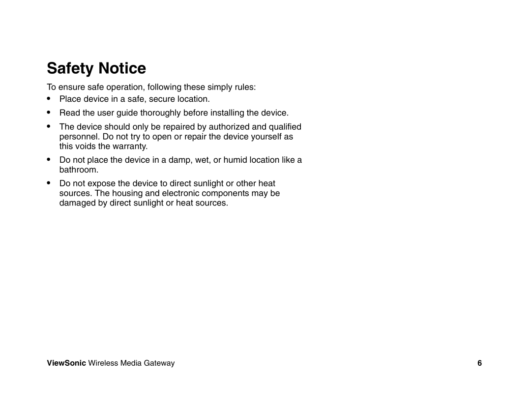 ViewSonic WMG80, WMG120 manual Safety Notice 