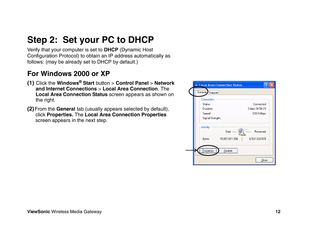 ViewSonic WMG80, WMG120 manual Set your PC to Dhcp, For Windows 2000 or XP 