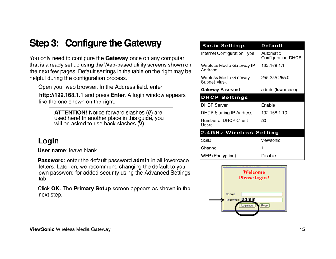 ViewSonic WMG120, WMG80 manual Configure the Gateway, Login 