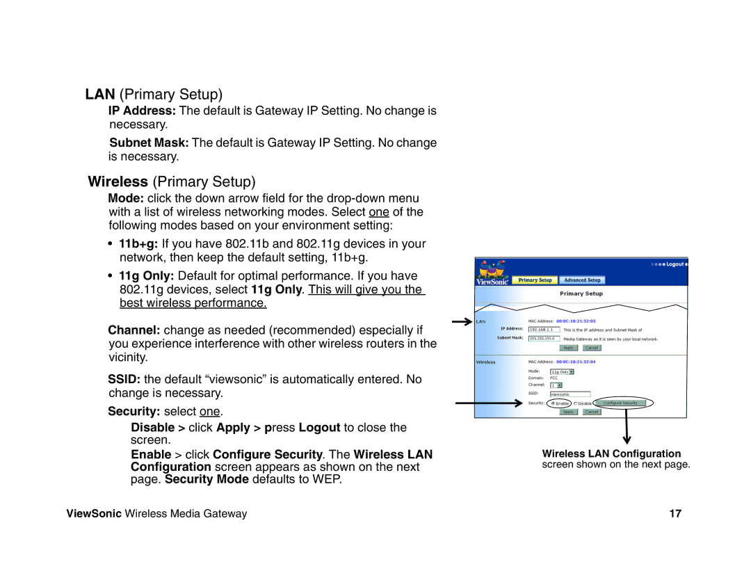 ViewSonic WMG120, WMG80 manual LAN Primary Setup 