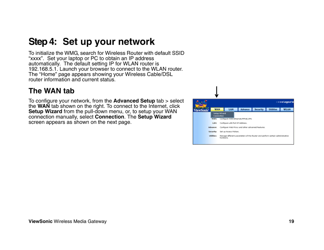 ViewSonic WMG120, WMG80 manual Set up your network, WAN tab 