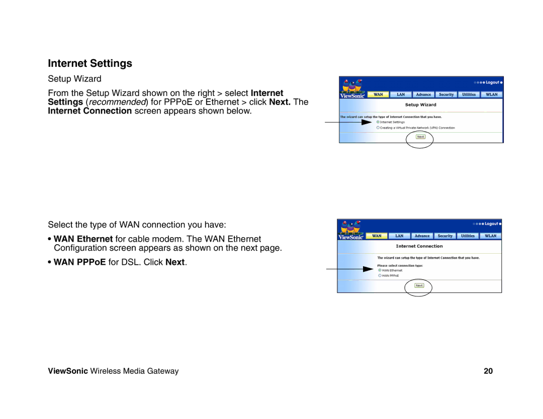 ViewSonic WMG80, WMG120 manual Internet Settings 