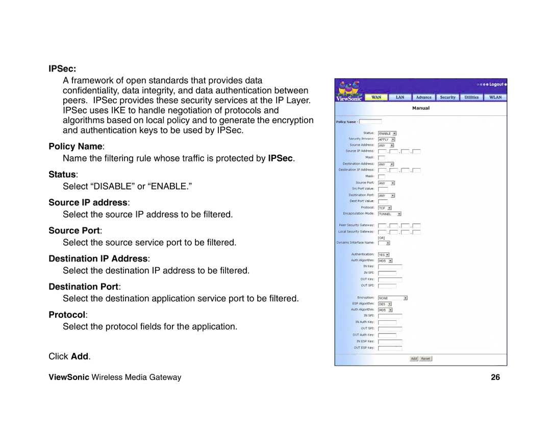 ViewSonic WMG80 manual IPSec, Policy Name, Status, Source IP address, Source Port, Destination IP Address, Destination Port 