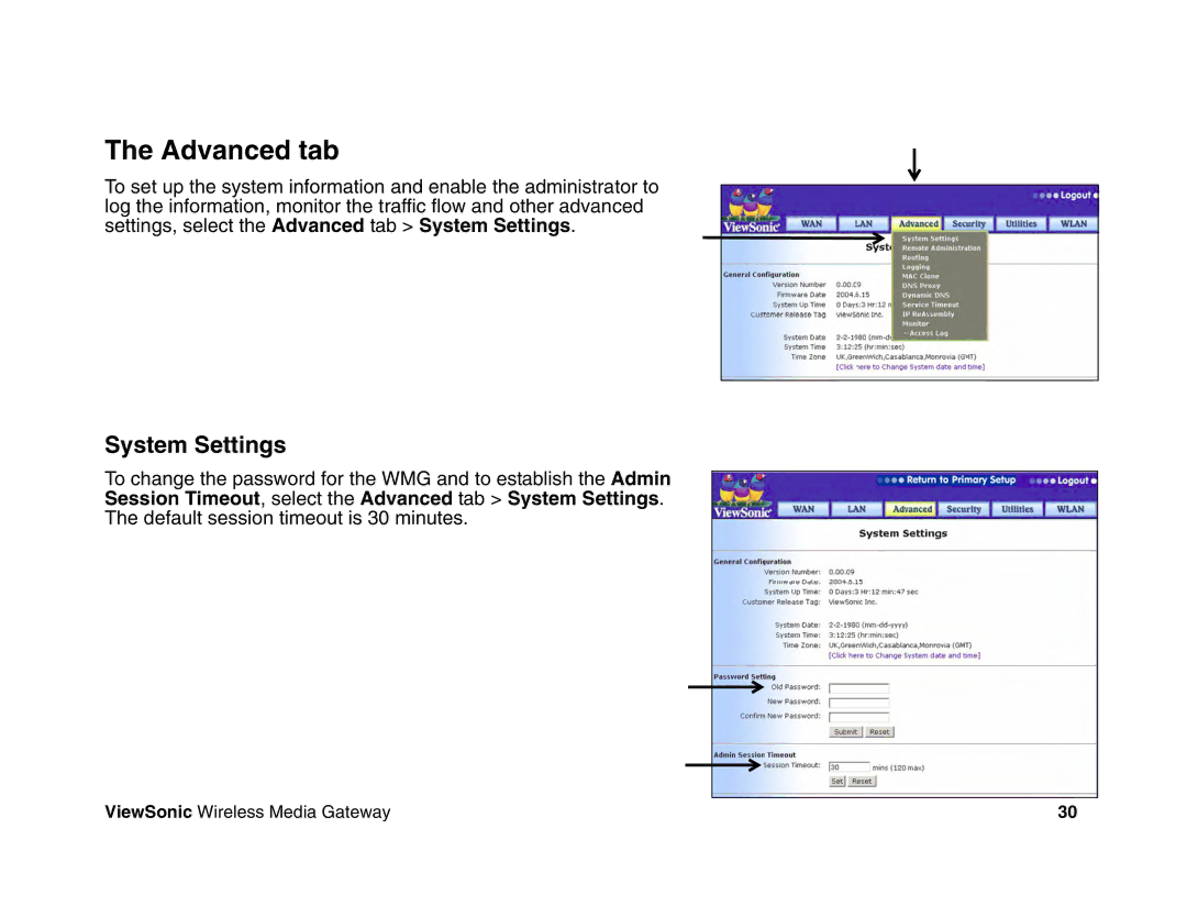 ViewSonic WMG80, WMG120 manual Advanced tab, System Settings 