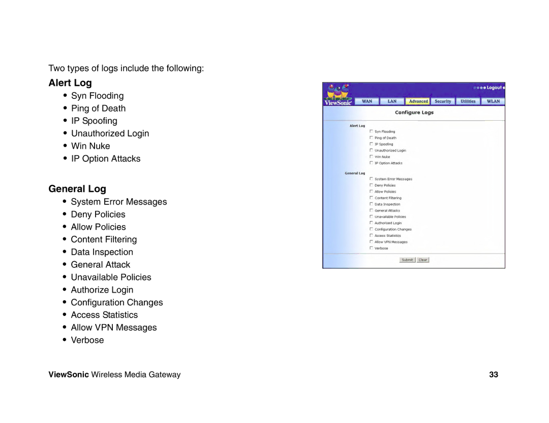 ViewSonic WMG120, WMG80 manual Alert Log 