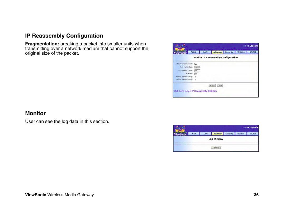 ViewSonic WMG80, WMG120 manual IP Reassembly Configuration, Monitor 