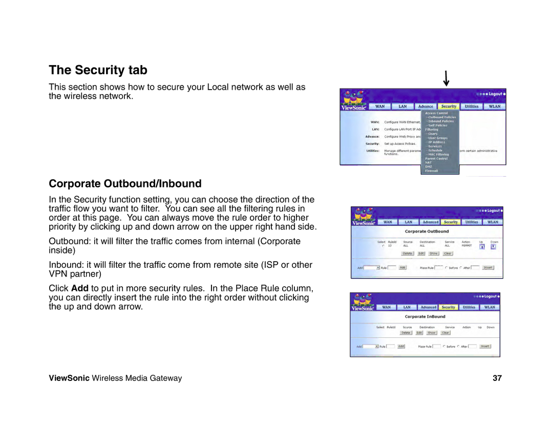 ViewSonic WMG120, WMG80 manual Security tab, Corporate Outbound/Inbound 