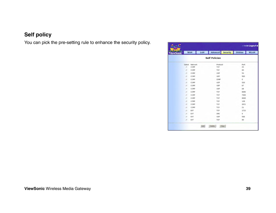 ViewSonic WMG120, WMG80 manual Self policy 