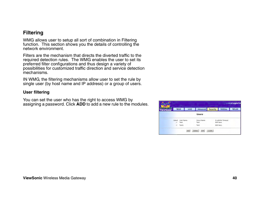 ViewSonic WMG80, WMG120 manual Filtering, User filtering 