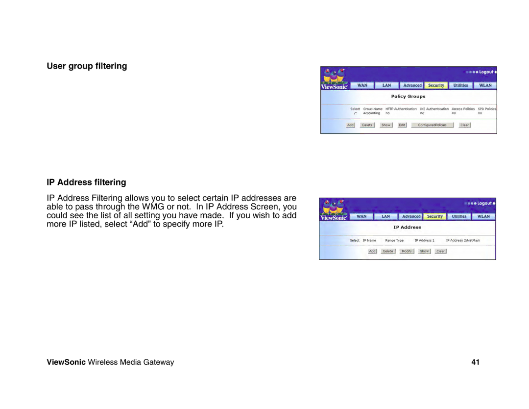 ViewSonic WMG120, WMG80 manual User group filtering IP Address filtering 