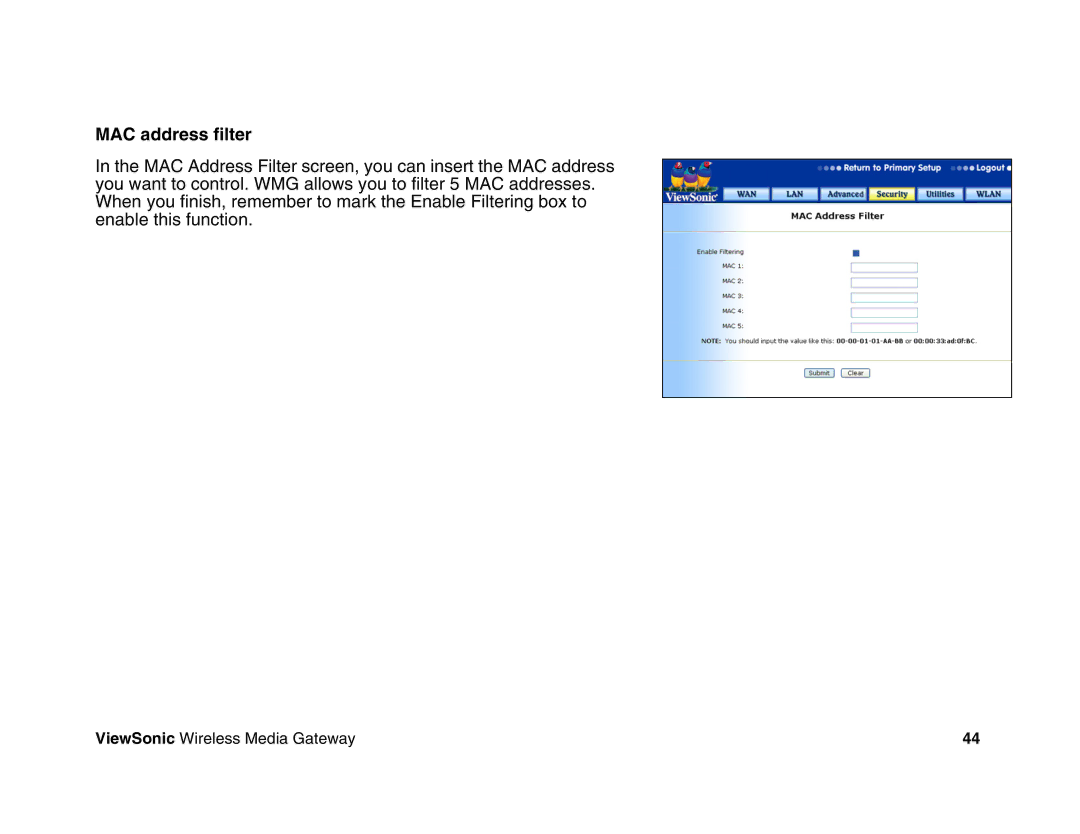 ViewSonic WMG80, WMG120 manual MAC address filter 